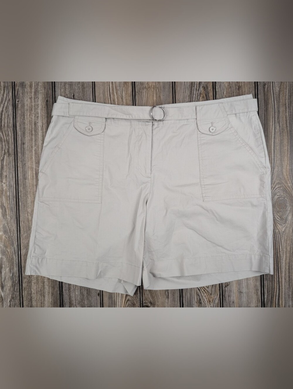 Talbots Outfitter Belted Chino Shorts Khaki Beige Cotton Stretch Size 16